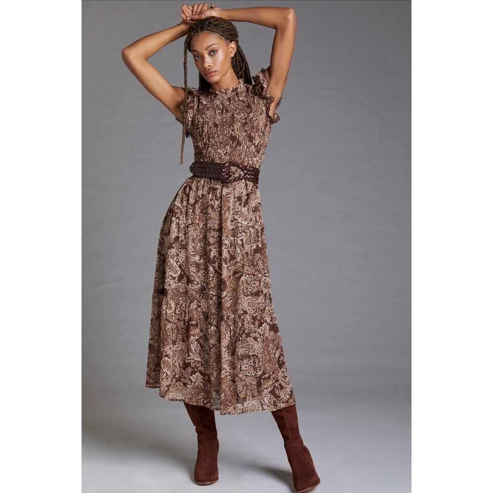 Moon River Tiered Ruffle Midi Dress Neutral Motif Brown Size S